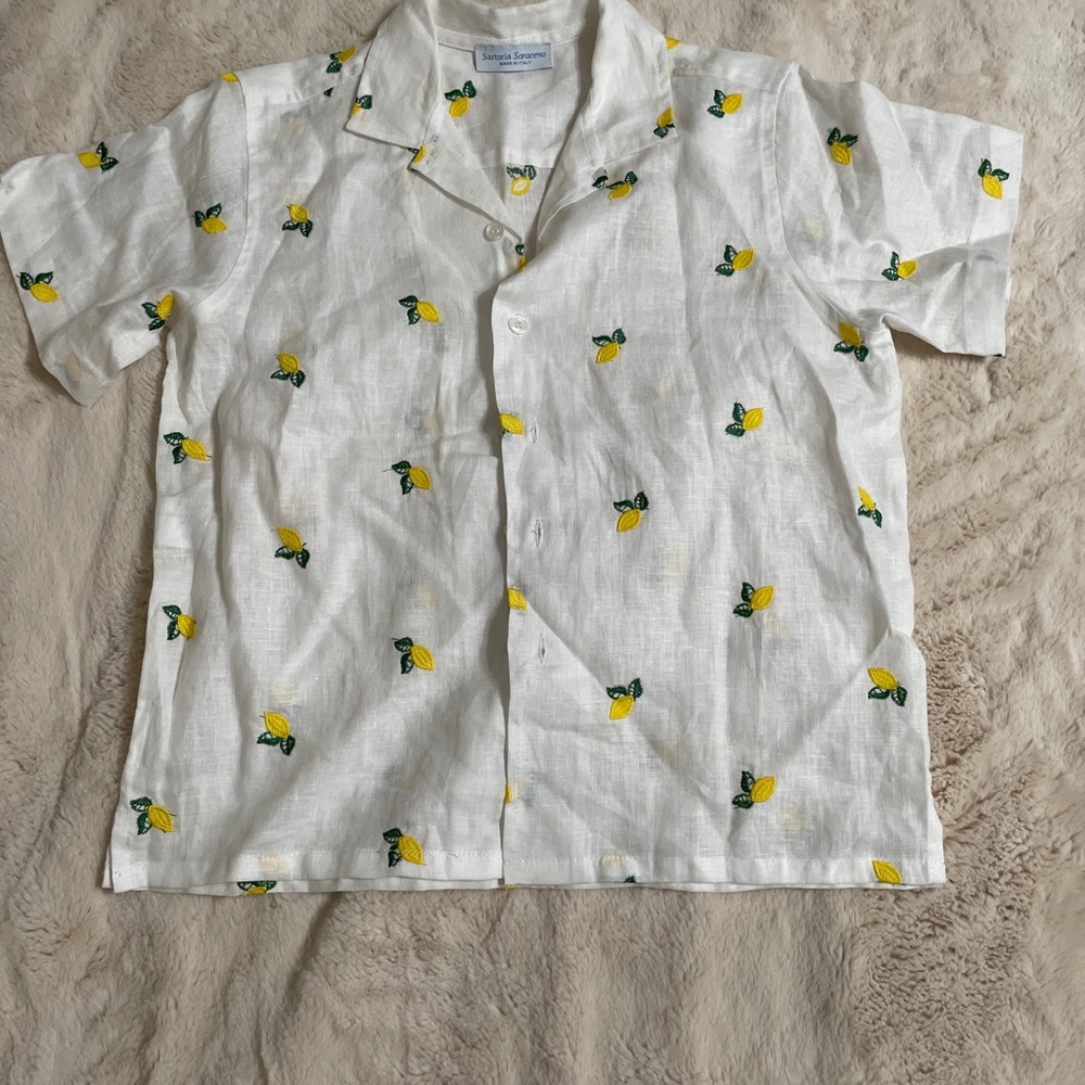 Sartoria Saracena White Linen Button-down Shirt with Yellow Lemon Embroidery